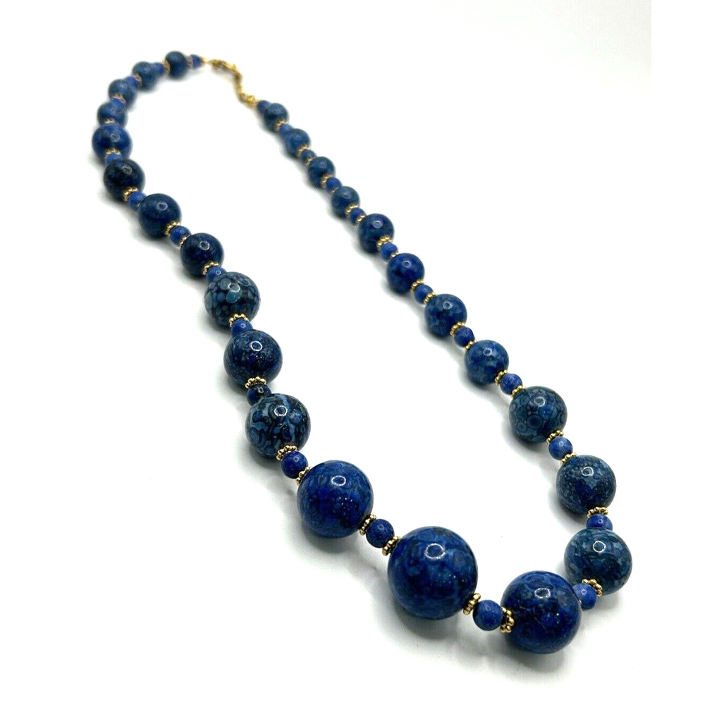 Vintage Art Deco Glass Balls Blue Gold Swirly‎ Bead Necklace Hook Closure